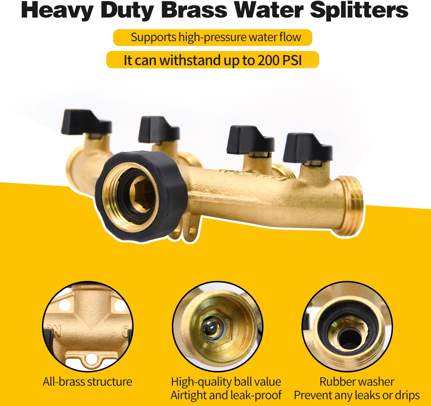 1 Pack 4 Way Hose Splitter, with Rubber Washers & Tapes