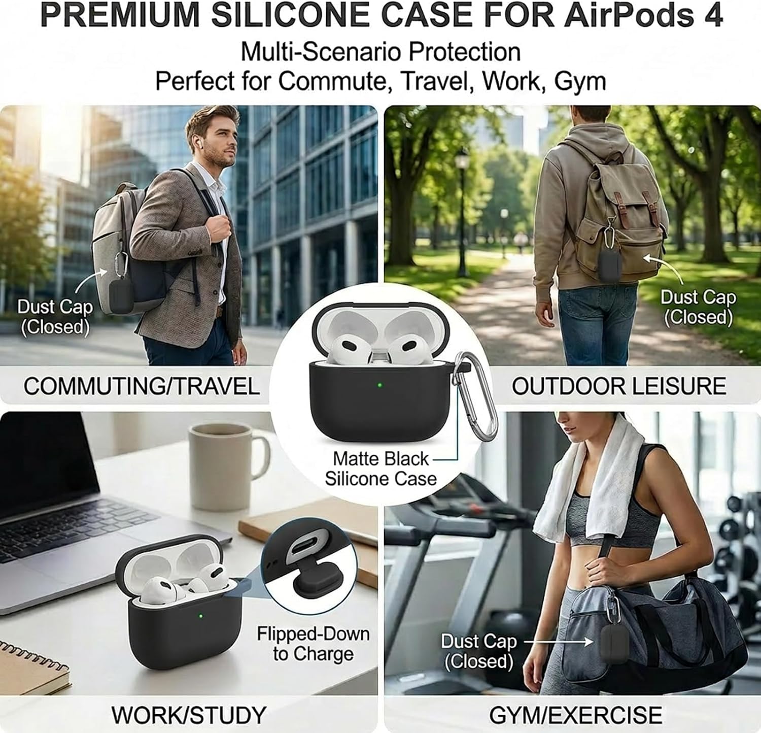for AirPods 4th Case Cover, Soft Silicone Case with Cleaner Kit, Keychain, Full Protection for Men and Women, Compatible with AirPods 4th Generation (Black)