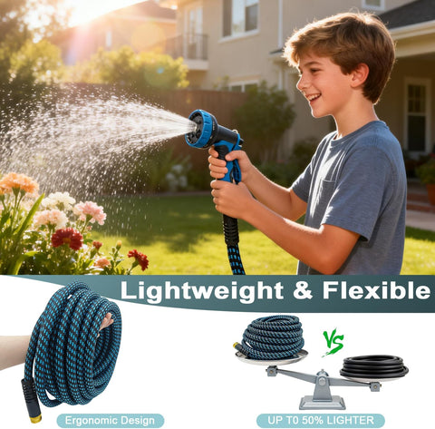 Garden Hose 50ft, Non-Expanding Water Hose Ultra Lightweight, Kink-Free Flexible Hose with 10-Pattern Nozzle, Durable & Abrasion Resistant Outdoor Hose for Yard, Lawn, Marine, RV, and Car Wash (50 FT)