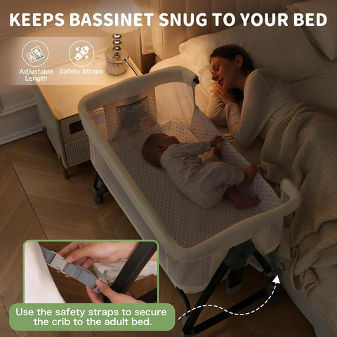 Baby Bassinet, 3-in-1 Bedside Bassinets for Baby, Bassinet Sleeper with Wheels, Baby Bedside Crib with Breathable Mesh, Mosquito Net, 6 Height Adjustable, Large Storage Basket, Easy Assemble & Folding