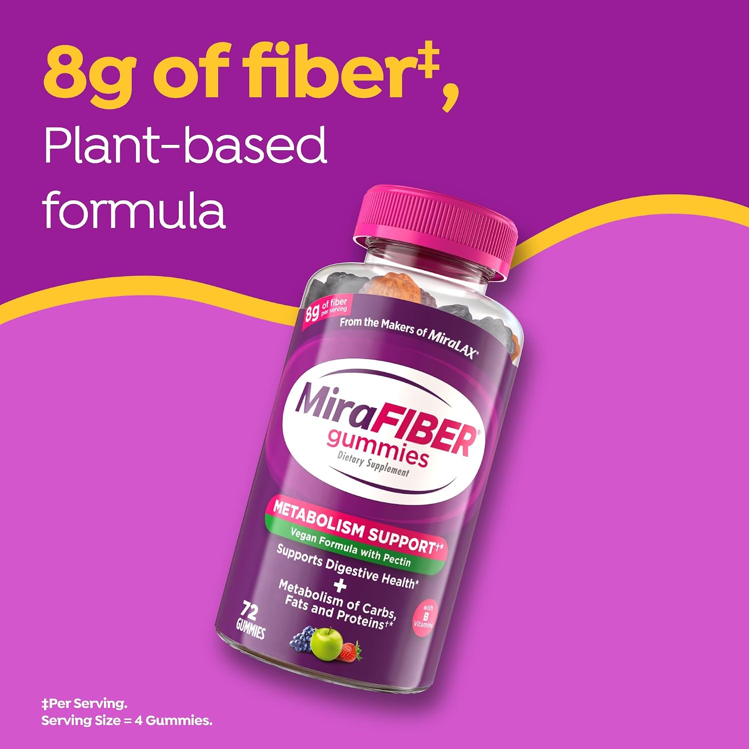 MiraFIBER Gummies, from The Makers of MiraLAX, Vegan Formula, 8g Per Serving, Gut Health for Men & Women, Prebiotic Fiber Gummies for Adults, Mixed Fruit Flavor 72Ct