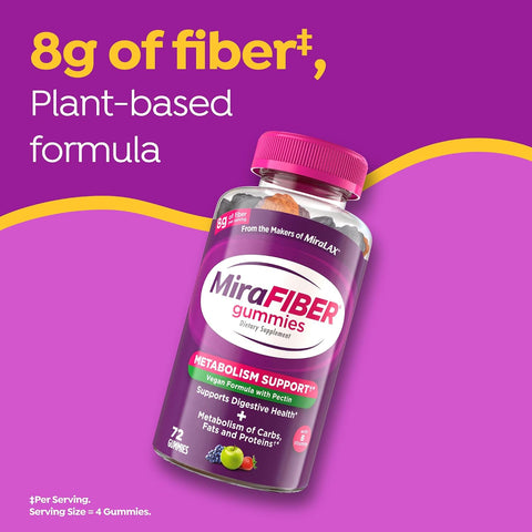 MiraFIBER Gummies, from The Makers of MiraLAX, Vegan Formula, 8g Per Serving, Gut Health for Men & Women, Prebiotic Fiber Gummies for Adults, Mixed Fruit Flavor 72Ct