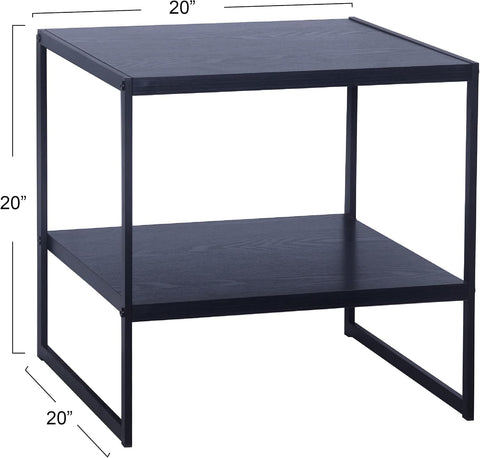 Household Essentials Square Side End Table with Storage Shelf, Oak Wood Grain and Black Metal Frame, Black