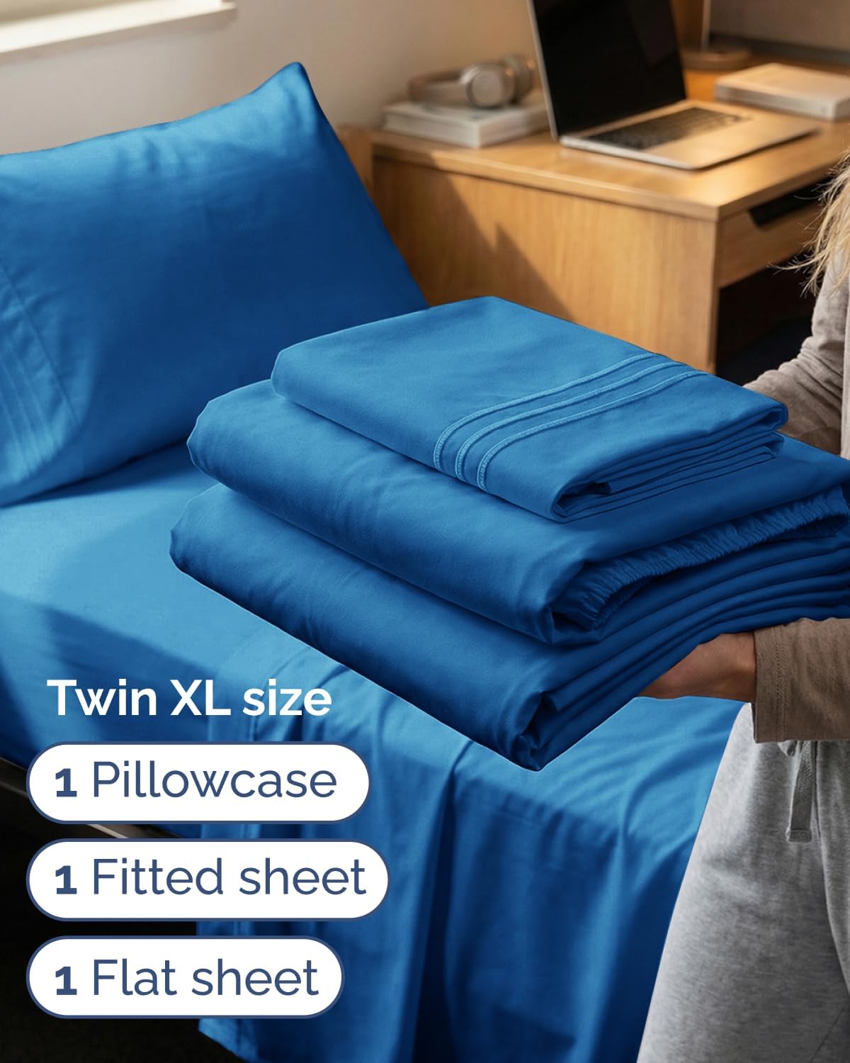 Twin XL 3 Piece Sheet Set - College Dorm Room Essentials - Royal Blue