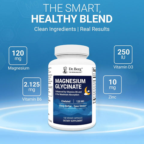 Dr. Berg Magnesium Glycinate 150ct – 4-in-1 Chelated for Muscle, Nerve, Sleep & Stress Support*– w/ D3, B6 & Zinc – 4X Lab-Tested – No Fillers – Formulated in USA, GMP-Certified