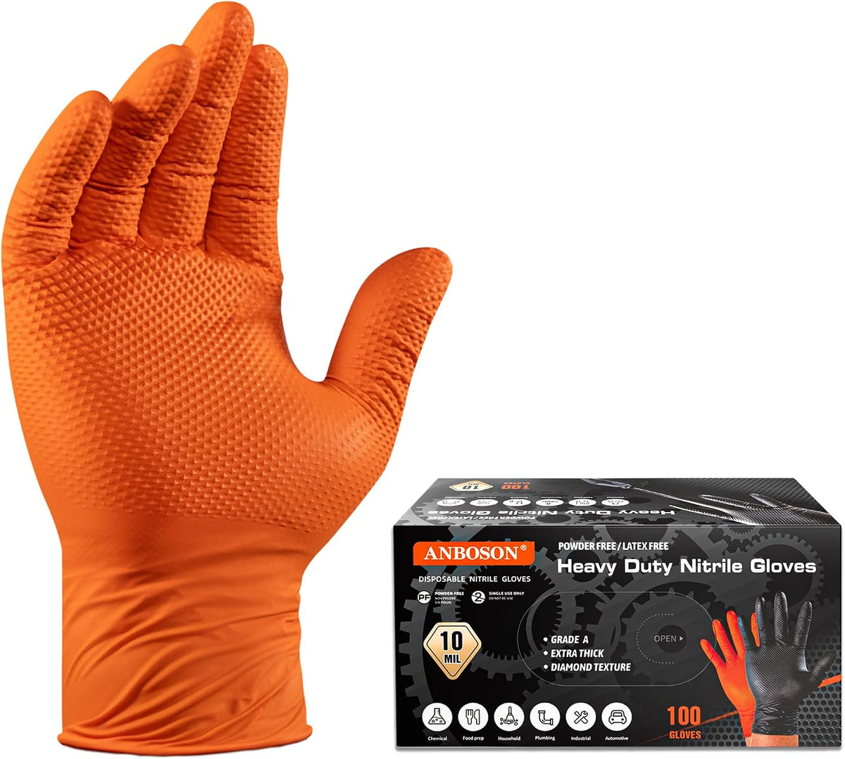 ANBOSON 10 Mil Heavy Duty Diamond Texture Nitrile Gloves, X-Large, 100 Ct