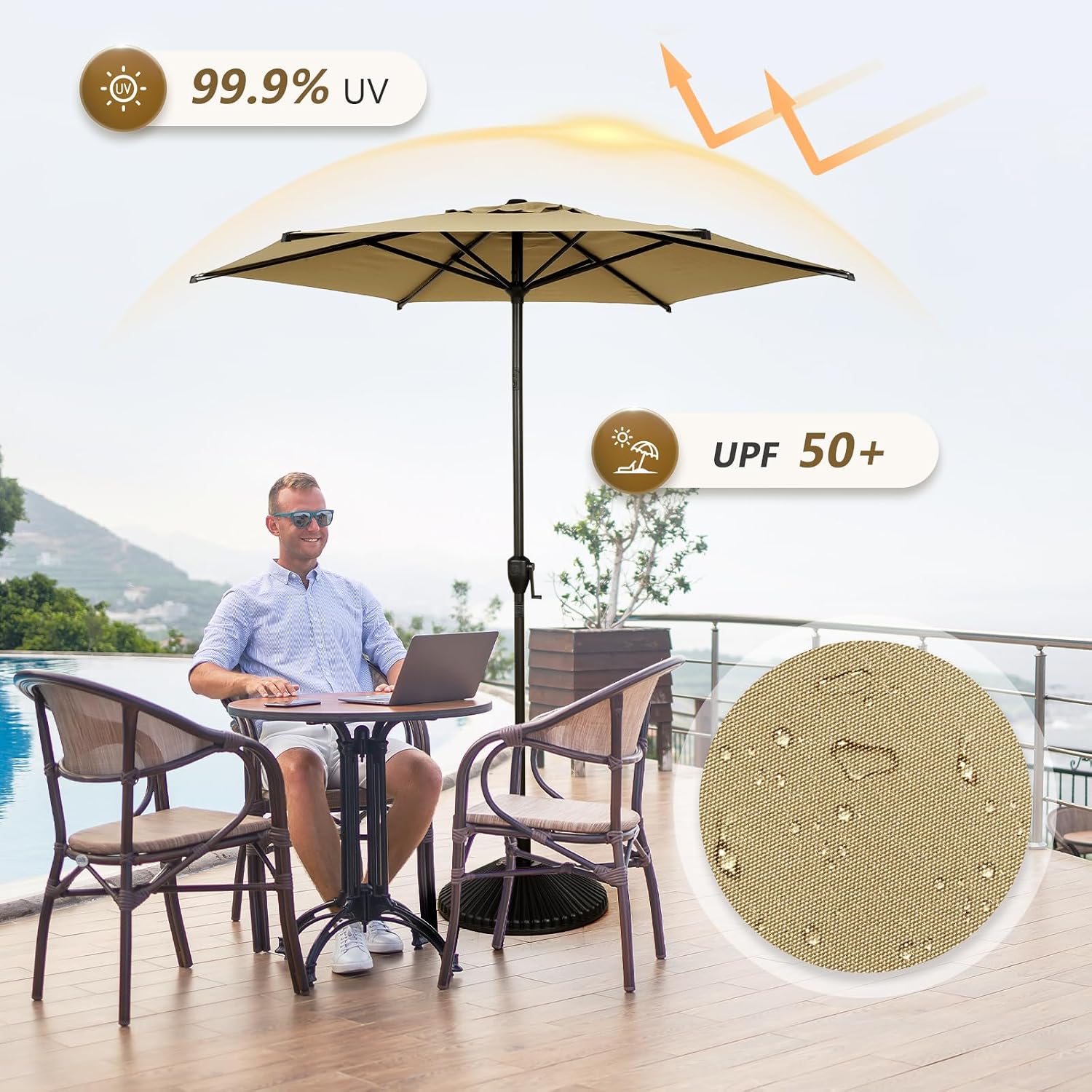 Abba Patio 7.5FT Lyon Outdoor Patio Umbrella Outdoor Table Umbrella with Push Button Tilt and Crank Market Umbrella 6 Sturdy Ribs UV Protection Waterproof for Garden Deck Backyard Pool Tan