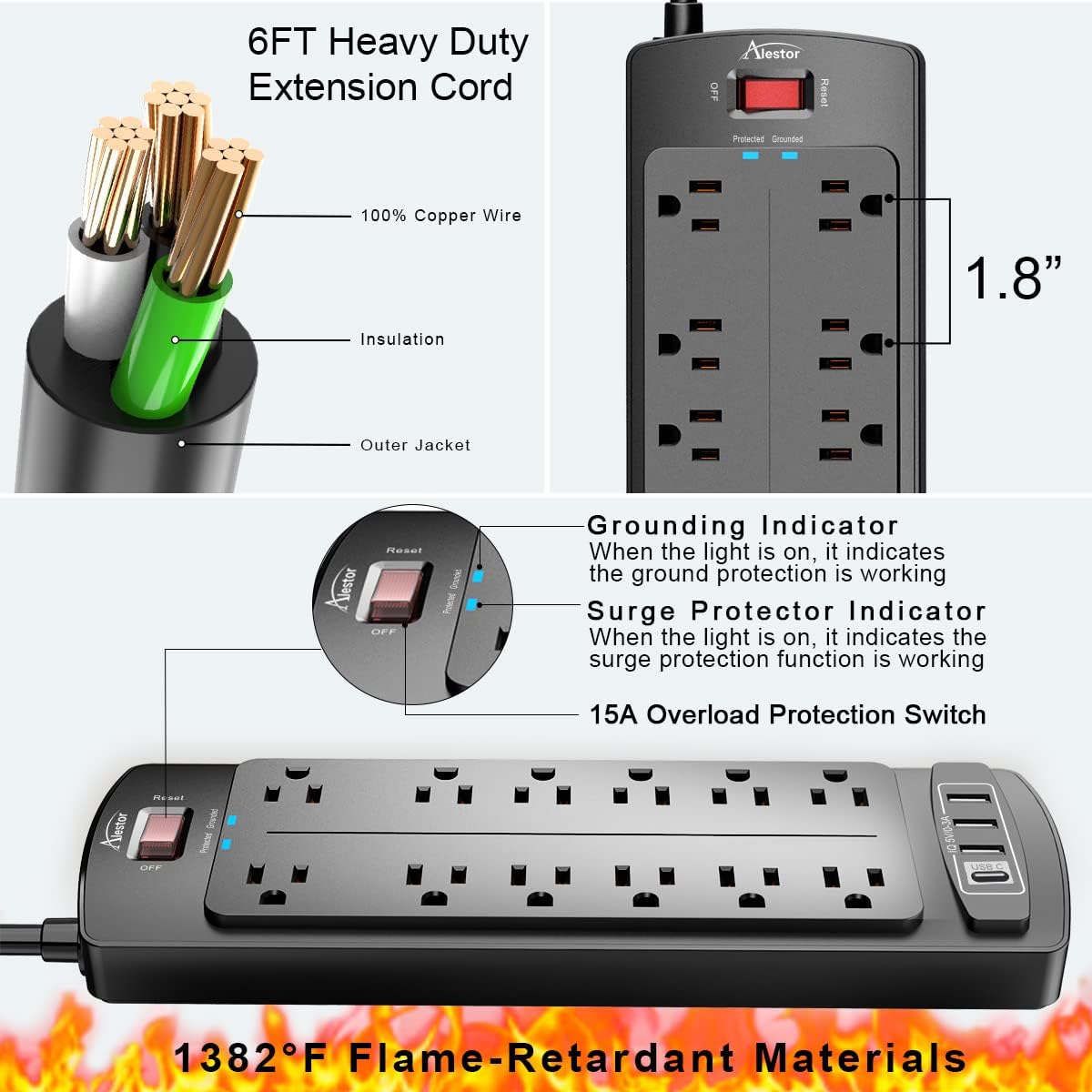 ALESTOR 6 Ft Surge Protector Power Strip with 12 Outlets and 4 USB Ports
