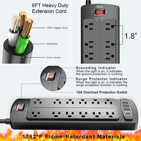 ALESTOR 6 Ft Surge Protector Power Strip with 12 Outlets and 4 USB Ports