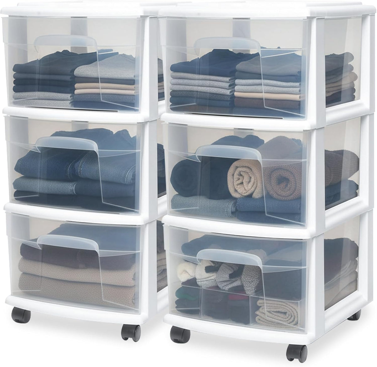HOMZ Drawer Tower 3-Tier Storage Cart, Removable Wheels, White Frame,2 Pack