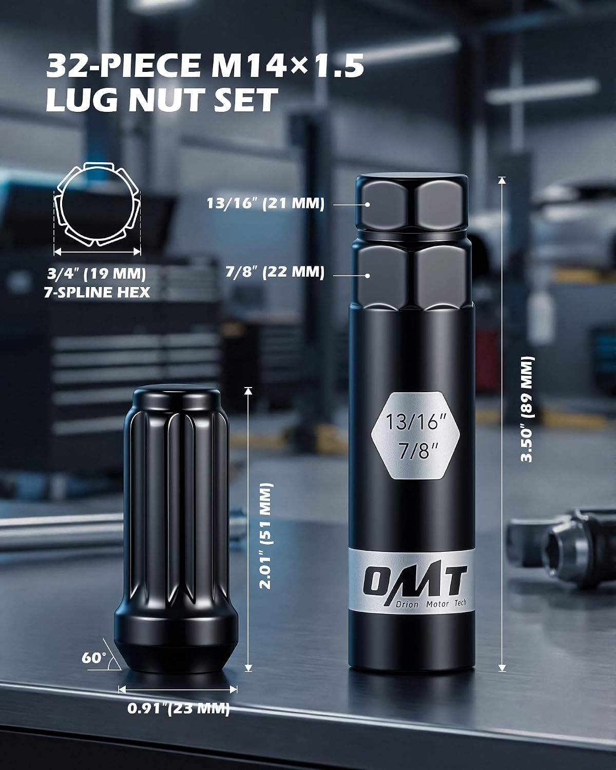 OMT M14x1.5 Lug Nuts with Cone Seat, 32pcs Lug Nuts Set with 1 Socket Key