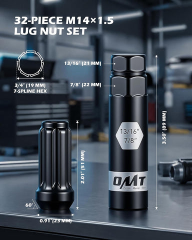 OMT M14x1.5 Lug Nuts with Cone Seat, 32pcs Lug Nuts Set with 1 Socket Key