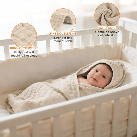 MIGIOL Muslin Hooded Baby Towels 100% Cotton ，Super Soft Muslin Baby Bath Towel - 32 x 32 Inches, Suitable for Newborn and Young Children up to 3 Years Old. (Beige & Coffee)