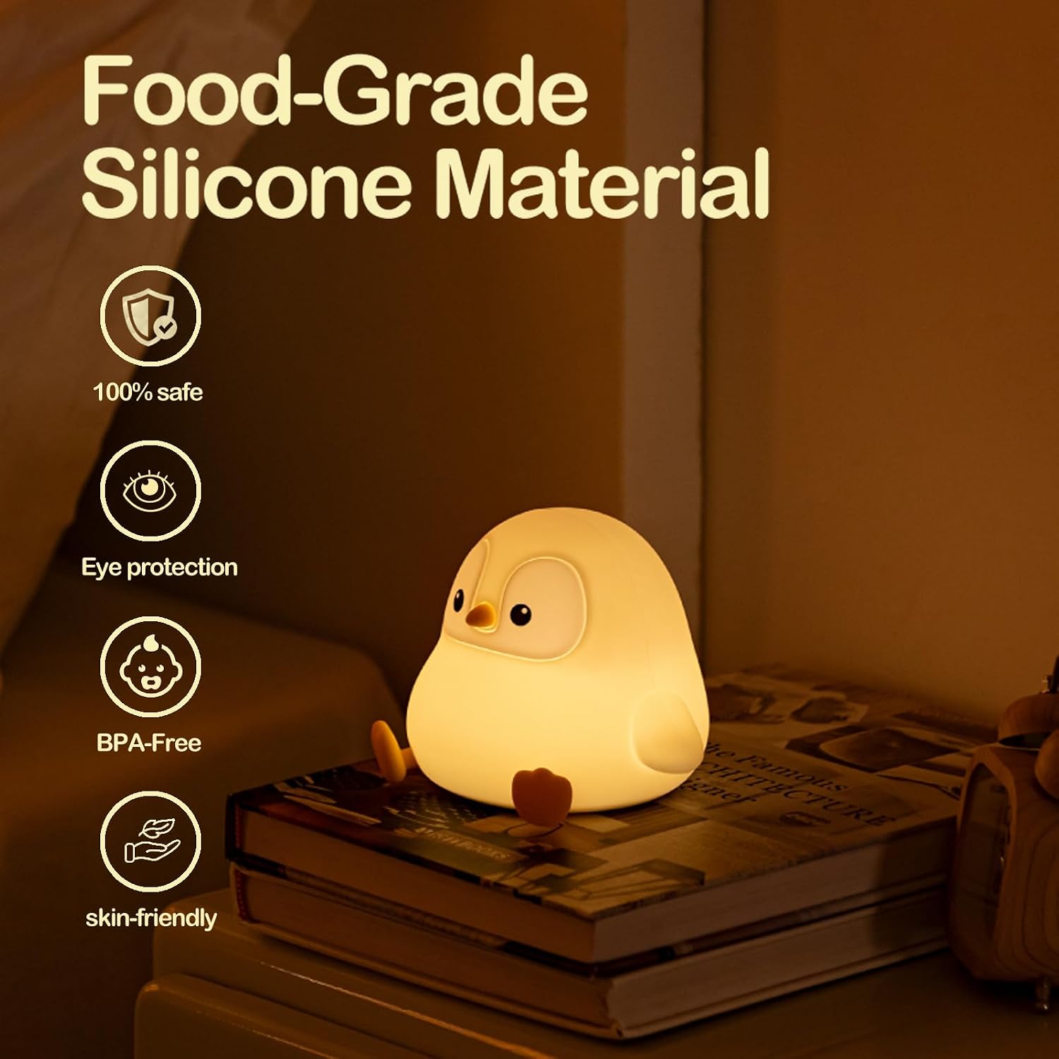 ATSUI Penguin Night Light, LED Squishy Novelty Animal Night Lamp, Food Grade Silicone, 2 Level Dimmable, Nursery Nightlight for Desk Decor, Funny Gifts Stuff for Boys Girls Baby, White Elephant Gifts