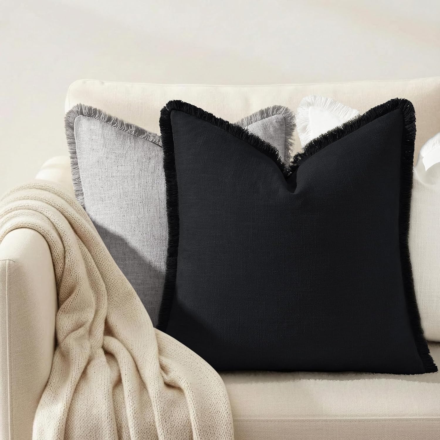 decorUhome Linen Fringe Black Throw Pillow Covers 16x16 Set of 2