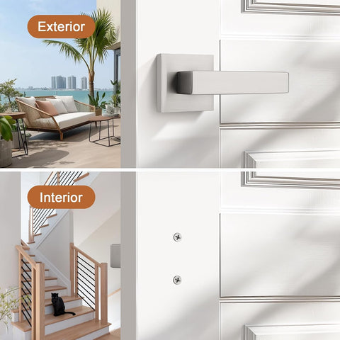 Probrico [Pack of 2 Dummy Door Lever Door Handle for Closets French Doors,Square Dummy Door Lever,Non-Turning Single Side Pull with Satin Nickel Finish,Easy Installation Pull Only Lever Set
