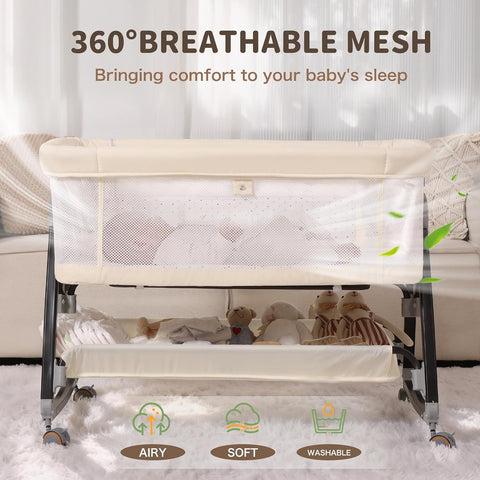 Baby Bassinet, 3-in-1 Bedside Bassinets for Baby, Bassinet Sleeper with Wheels, Baby Bedside Crib with Breathable Mesh, Mosquito Net, 6 Height Adjustable, Large Storage Basket, Easy Assemble & Folding