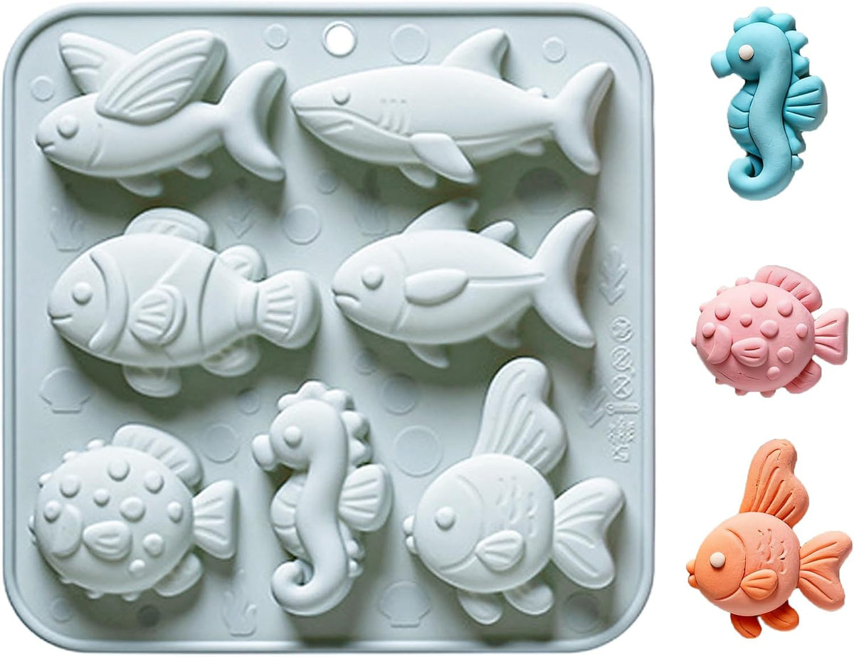 Silicone Sea Life Theme Molds, 7 Cavity Ocean Fish Clownfish and Seahorse Candy Making Molds for Chocolate, Cake Decoration, Ice Cube