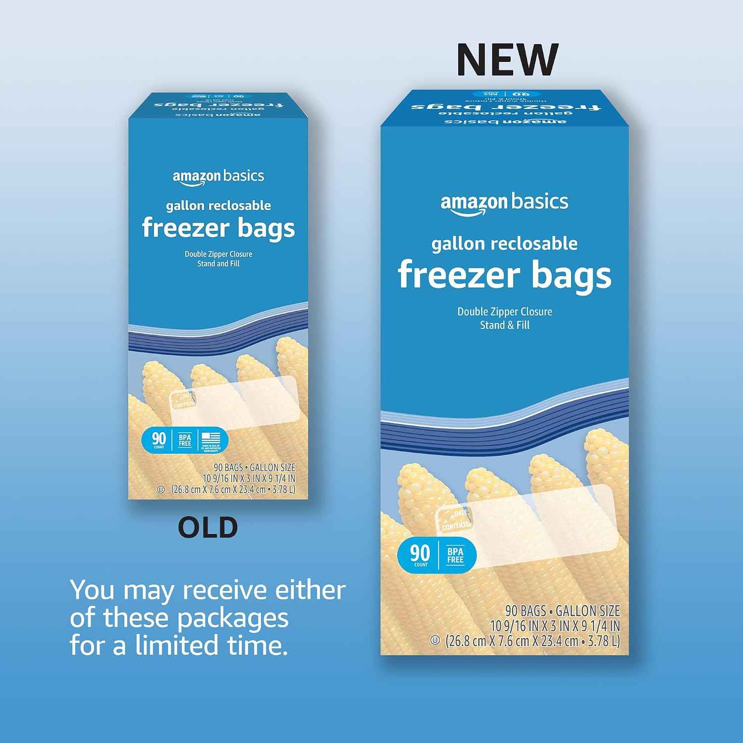 Amazon Basics Reclosable Freezer Gallon Size Bags with Double Zipper Seal, Stand-Up Bottom, BPA Free, 90 Count (Previously Solimo)