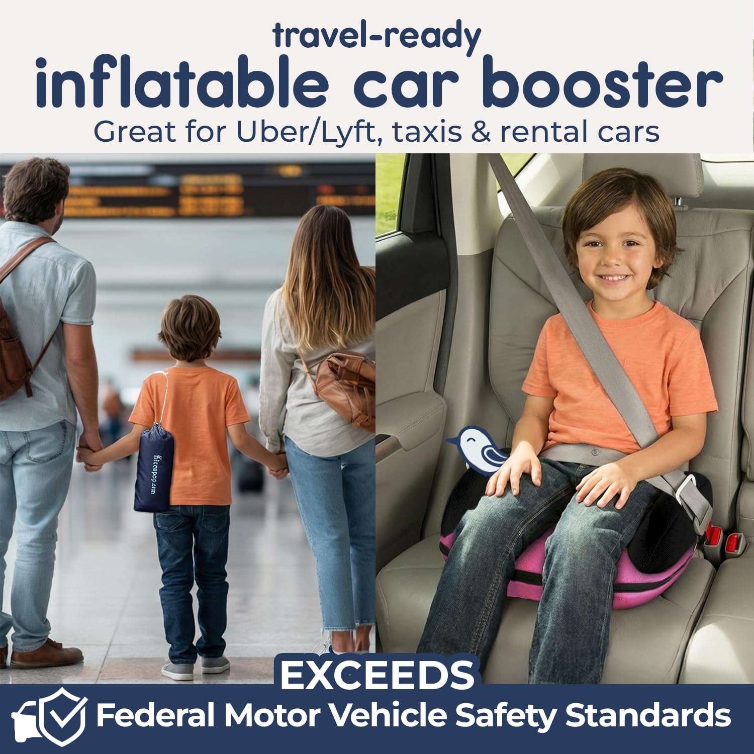 UberBoost Inflatable Booster Seat for Car, Travel Booster Seat, Pink/Black