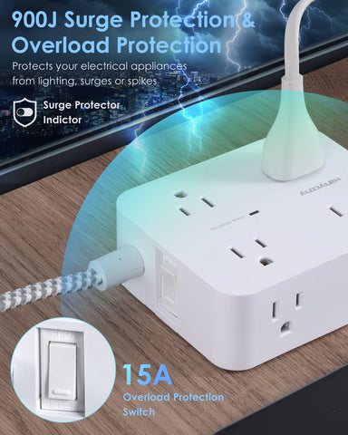 6Ft Surge Protector Power Strip with USB C, Extension Cord with 8 Wide Outlets(2.2 IN) and 4 USB Ports(2 USB C), Flat Plug, Wall Mount, 3 Side Outlet Extender for Home Dorm Room Essentials, ETL Listed