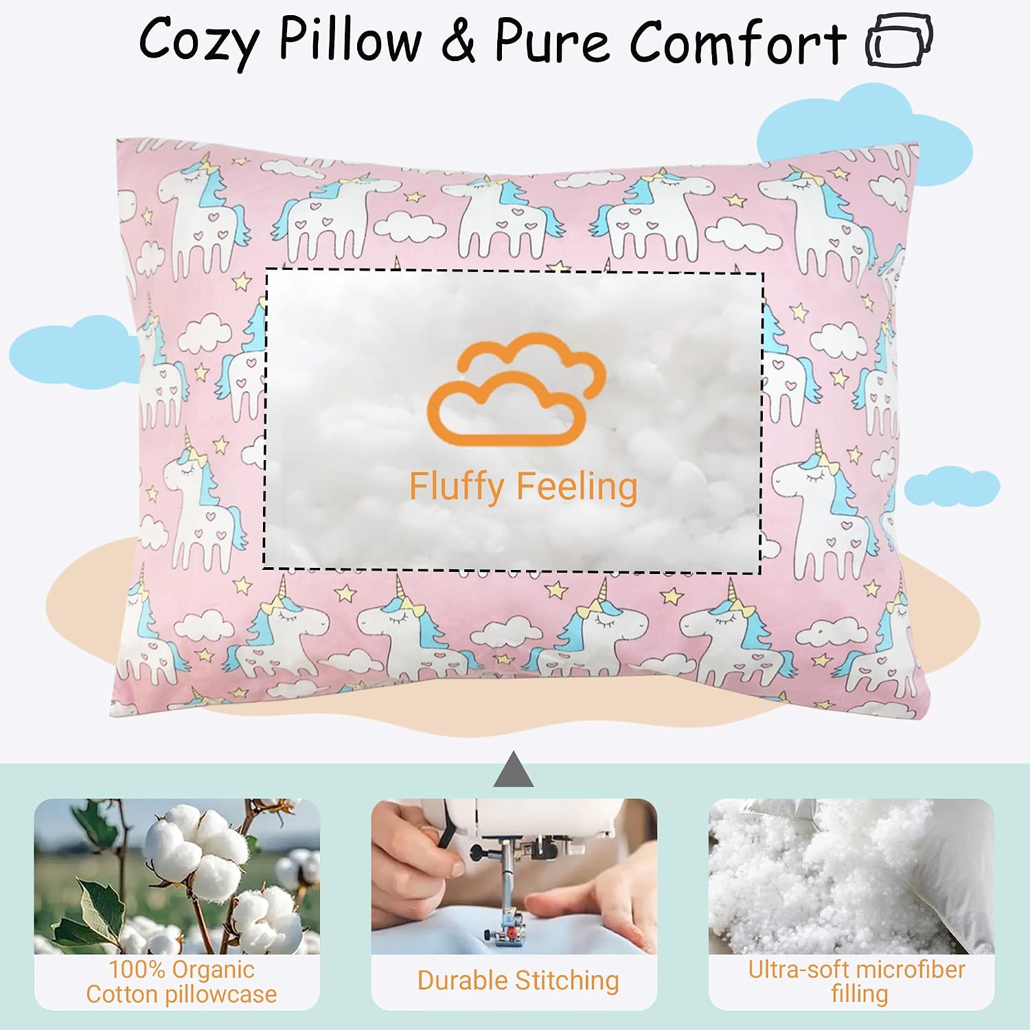 ZPECC Toddler Pillow with Pillowcase 2 Pack - 13x18 Organic Cotton Hypoallergenic Kids Pillow, Baby Essentials for Travel Crib Daycare Stroller (Intended for Age 2 and up) Pink Unicorn