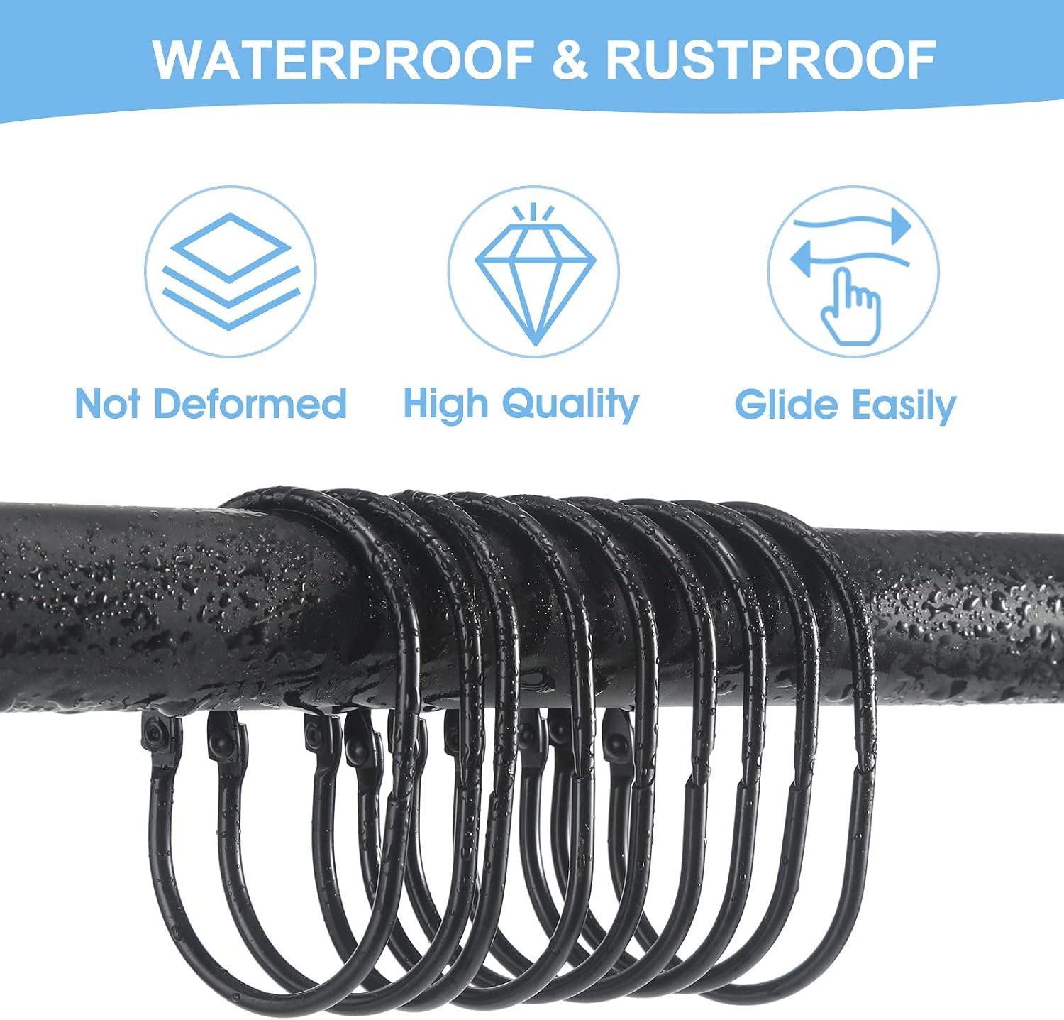 Goowin Shower Curtain Rings, Metal Black Shower Curtain Hooks, Oval Snap Shower Rings for Curtain, Shower Curtain Rings Rust Proof, Glide Smoothly Shower Hooks for Shower Curtain Rod (Black)
