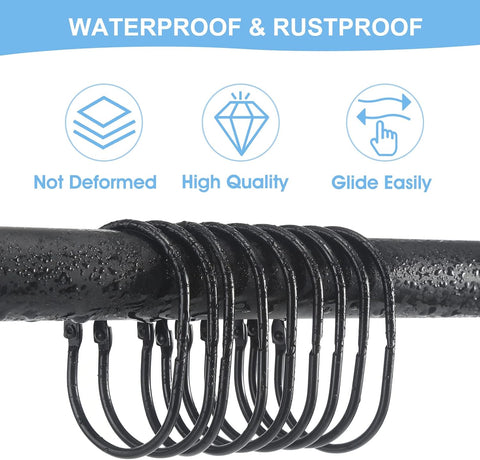 Goowin Shower Curtain Rings, Metal Black Shower Curtain Hooks, Oval Snap Shower Rings for Curtain, Shower Curtain Rings Rust Proof, Glide Smoothly Shower Hooks for Shower Curtain Rod (Black)
