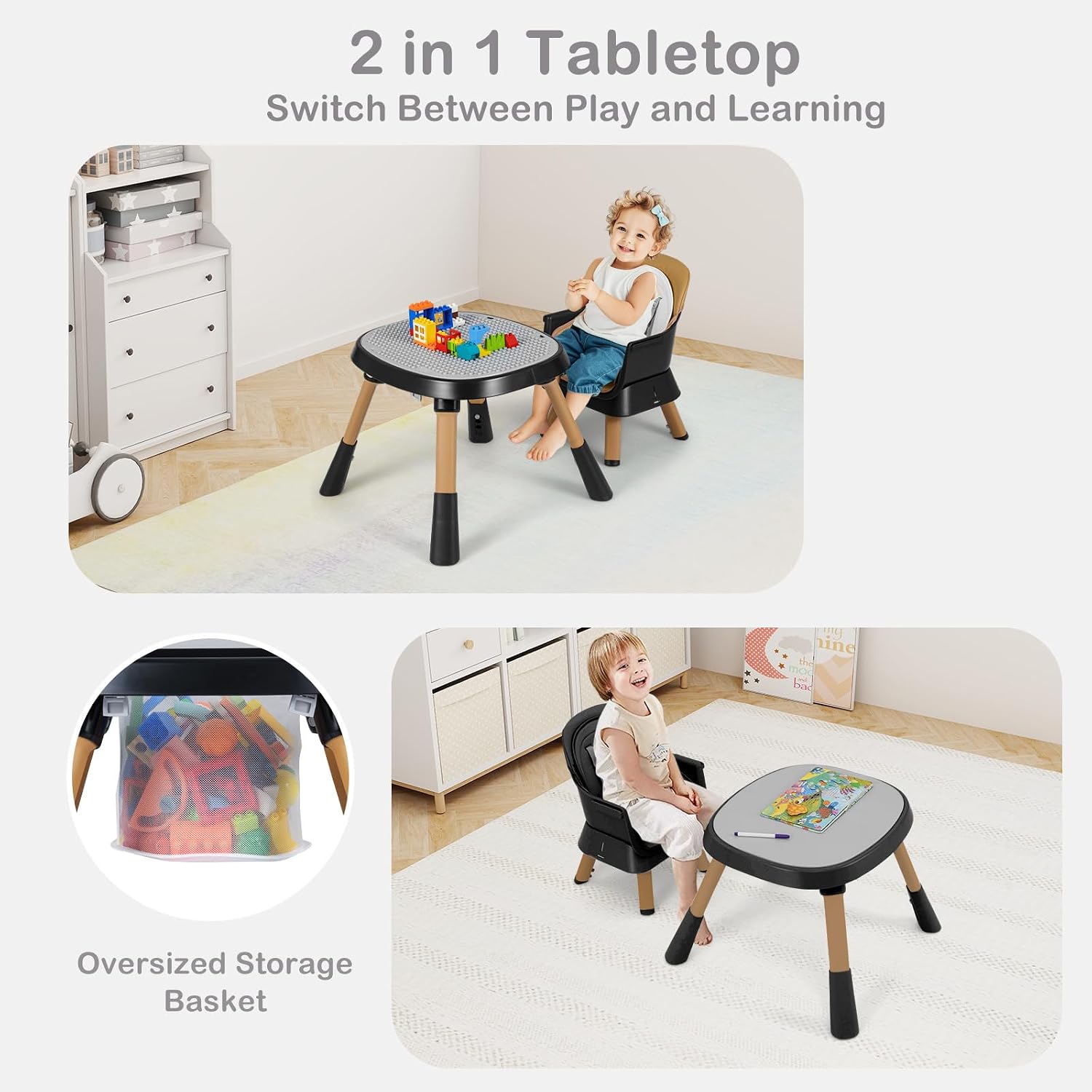 INFANS 9 in 1 High Chair, Convertible Baby Highchair for Babies and Toddlers, Table and Chair Set Building Block Infant Dining Booster Seat, Kids Stool with Activity Children Play Kitchen (Brown)
