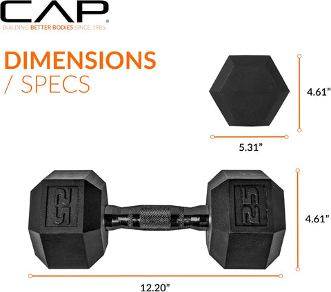 CAP Rubber Coated Dumbbell Weights, Free Weights for Home Gym Strength Training, Anti-Roll Hex Dumbbells with Black, Chrome & Comfort Grip Handles, Singles