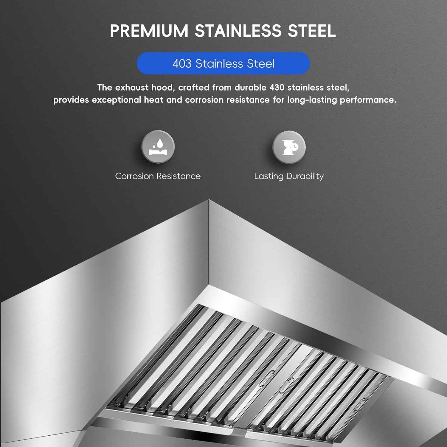 Commercial Kitchen Exhaust Hood, Heavy-Duty 201/403 Stainless Steel - Wall-Mount Range Hood with Detachable U-Shaped Baffle Grease Filters - Rust-Resistant - 9FT