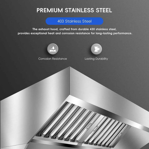Commercial Kitchen Exhaust Hood, Heavy-Duty 201/403 Stainless Steel - Wall-Mount Range Hood with Detachable U-Shaped Baffle Grease Filters - Rust-Resistant - 9FT