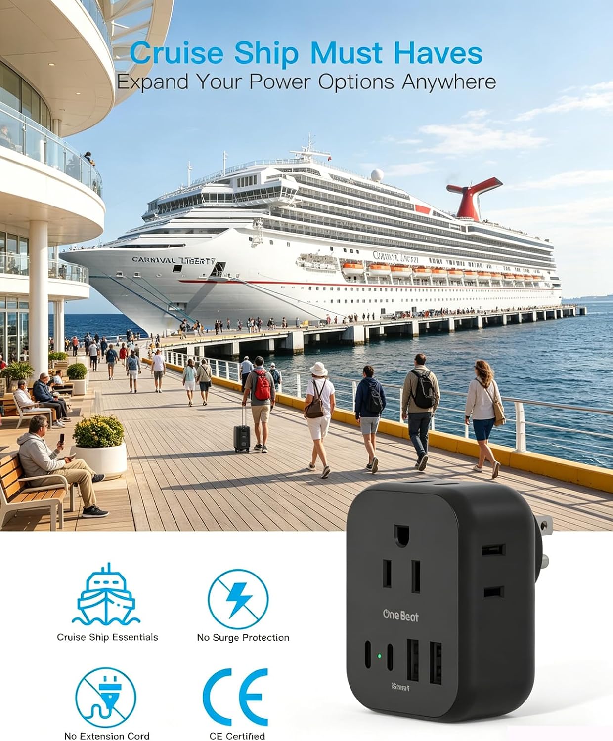 Travel Cruise Ship Essentials, Mini Multi Plug Wall Outlet Extender, Black