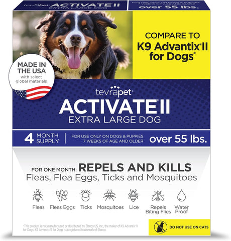 TevraPet Activate II Flea and Tick Prevention for Dogs, Extra Large Dogs 55+ lbs, Topical Drops, 4 Month Flea and Tick Treatment