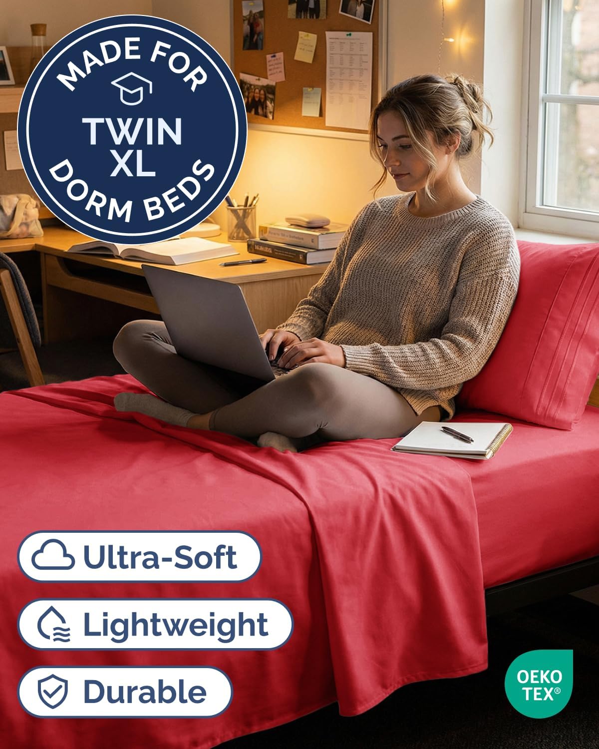 Twin XL 3 Piece Sheet Set - College Dorm Room Essentials - Red