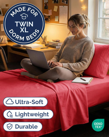 Twin XL 3 Piece Sheet Set - College Dorm Room Essentials - Red