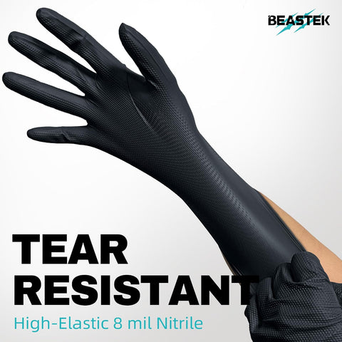 BEASTEK Nitrile Disposable Gloves, 8Mil Latex & Powder Free Chemical Resistant Heavy Duty Food Safe Diamond Glove Black 50Pcs