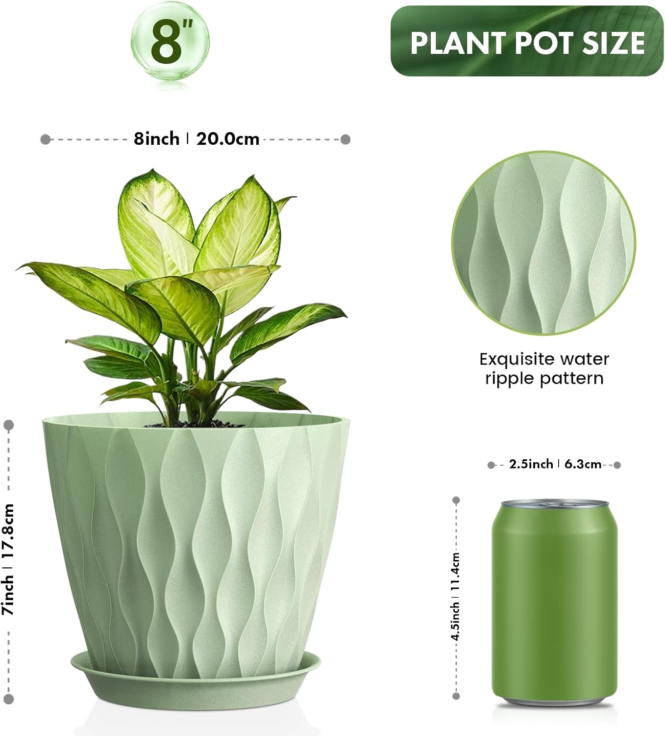 UOUZ 8 Inch Plant Pots, 4 Pack Plastic Planters for Indoor Outdoor with Drainage Holes & Saucers, Waffle Texture Flower Pots for Indoor Plants, Indoor Plant Pots for Monstera, Fiddle Leaf Fig, Green