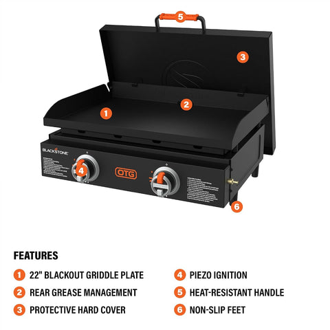 Blackstone OTG Tabletop Griddle with Hard Cover, Dual Heat Zones, 22 Inch