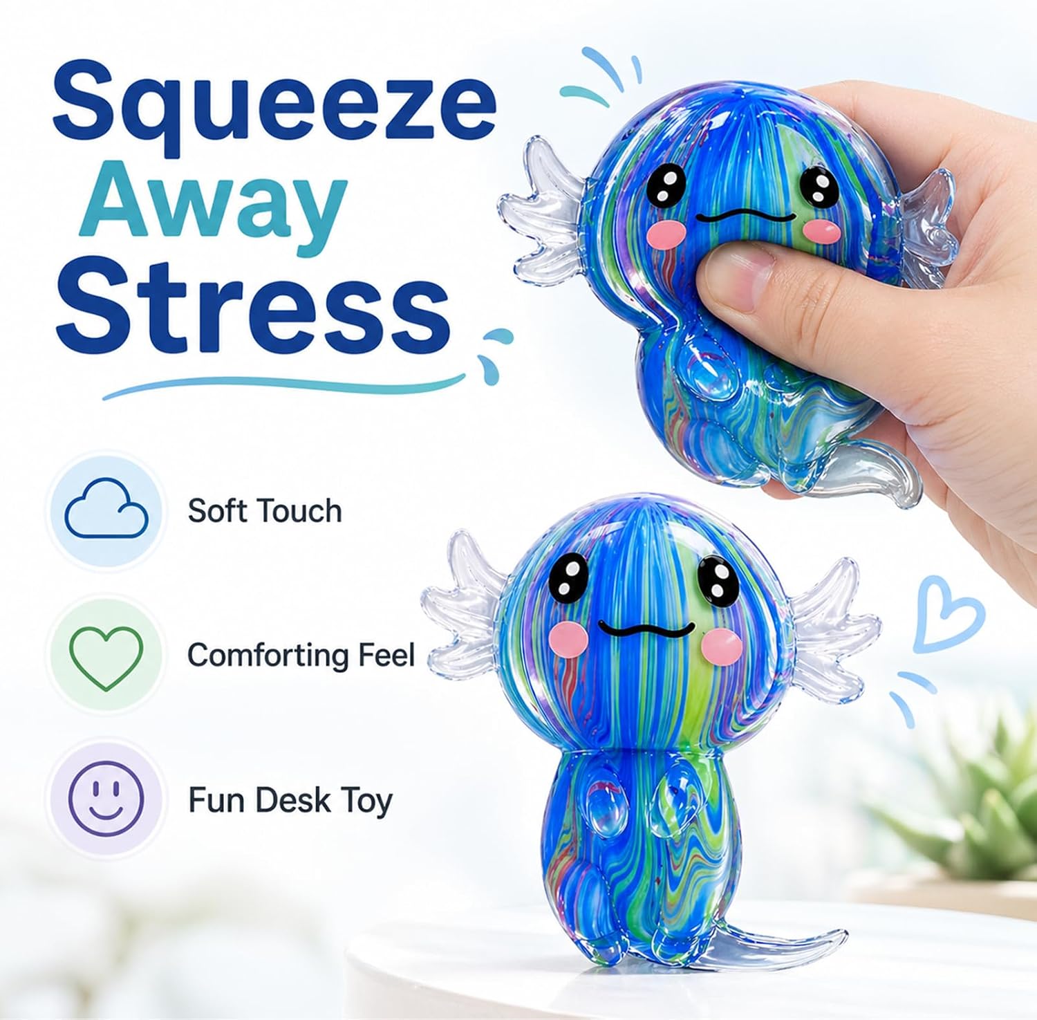 2 Packs Axolotl Squishy Stress Relief Toy, Glitter Stretchy Axolotls Stress Soft Squeeze Sensory Fidget Toys for Kids Adults, Cute Axolotls Squishies Party Favors Classroom