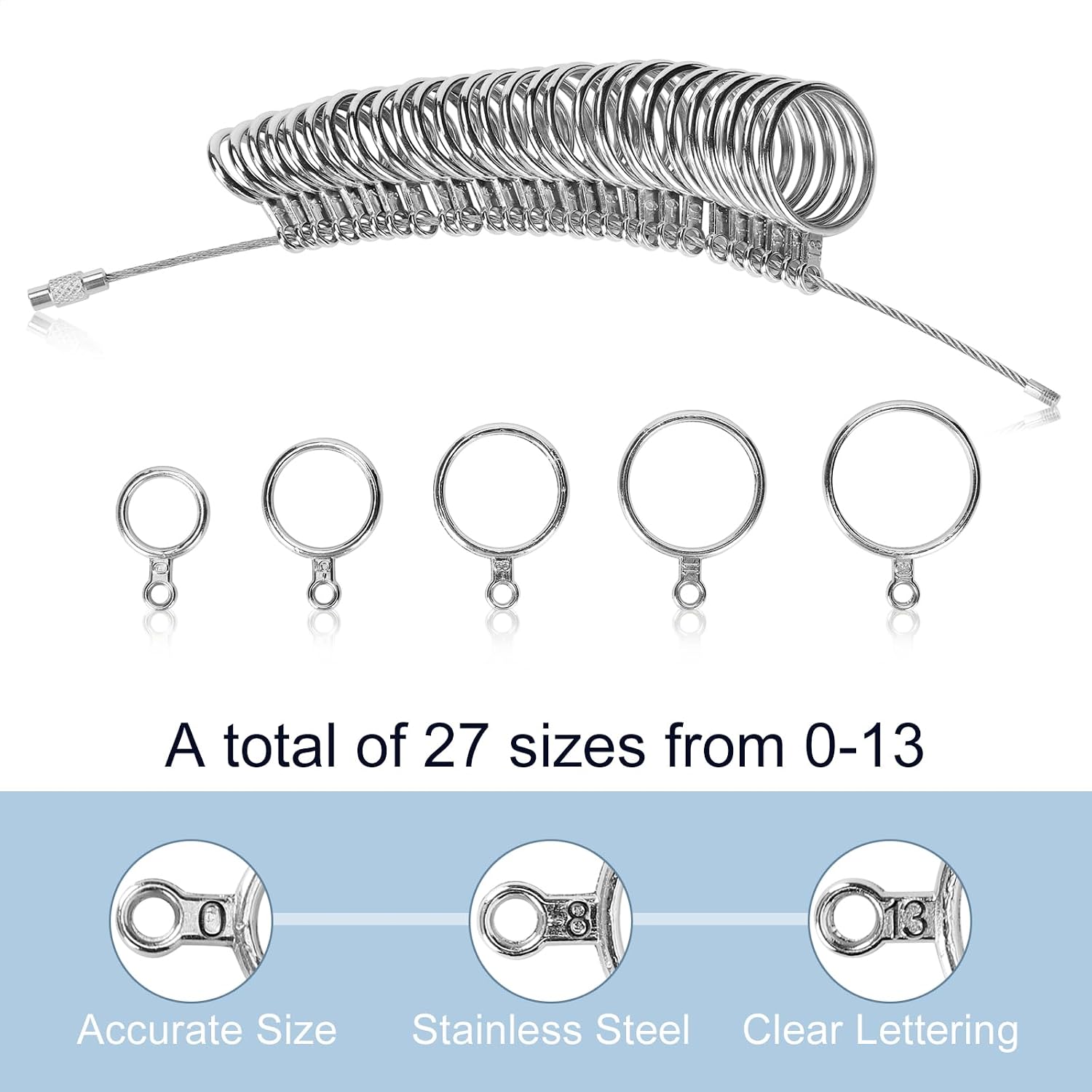 Ring Sizer Measuring Tool Kit, Ring Mandrel Measurer, 27 PCS Premium Steel Measuring Ring Tool, US Ring Size 0-13, 2 PCS Reusable Finger Size 1-17 USA Rings Size with Magnified Glass