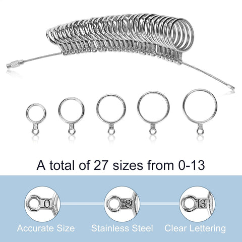 Ring Sizer Measuring Tool Kit, 27 PCS Premium Stainless Steel Measuring Ring Tool, US Ring Size 0-13 with Half Size, 2 PCS Reusable Finger Size 1-17 USA Rings Size with Magnified Glass