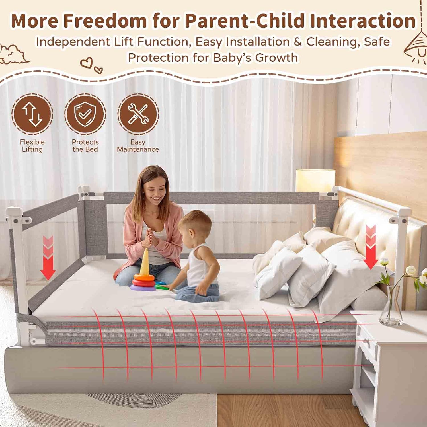 Bed Rail for Toddlers,1-Piece Height Adjustable Bed Guard Rail for Toddlers, Kids Safety Guard Rails for Twin Full Queen King Size (Gray, 1 Piece Side:70.8")