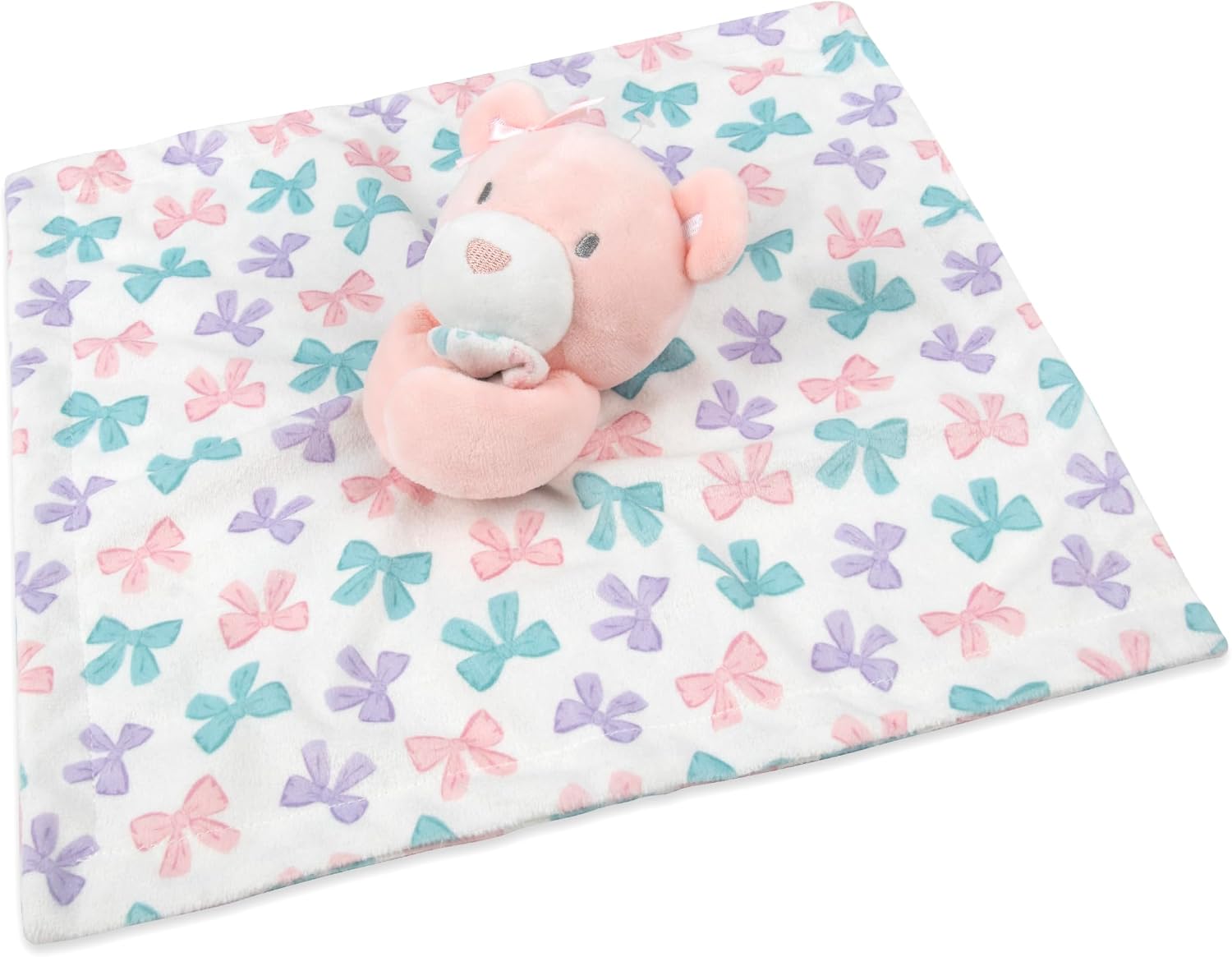 Baby Essentials Minky Animal Snuggler Lovey Blanket for Kids, Babies, Girls Security Blanket with Stuffed Animal (Pastel Bows Bear)