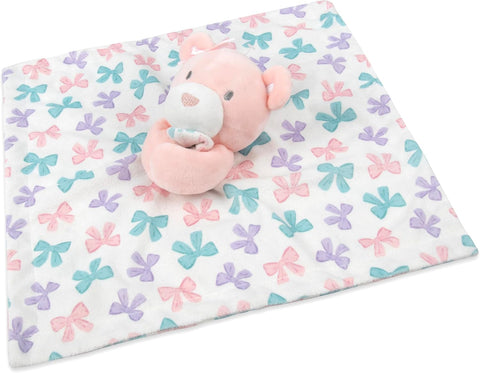 Baby Essentials Minky Animal Snuggler Lovey Blanket for Kids, Babies, Girls Security Blanket with Stuffed Animal (Pastel Bows Bear)