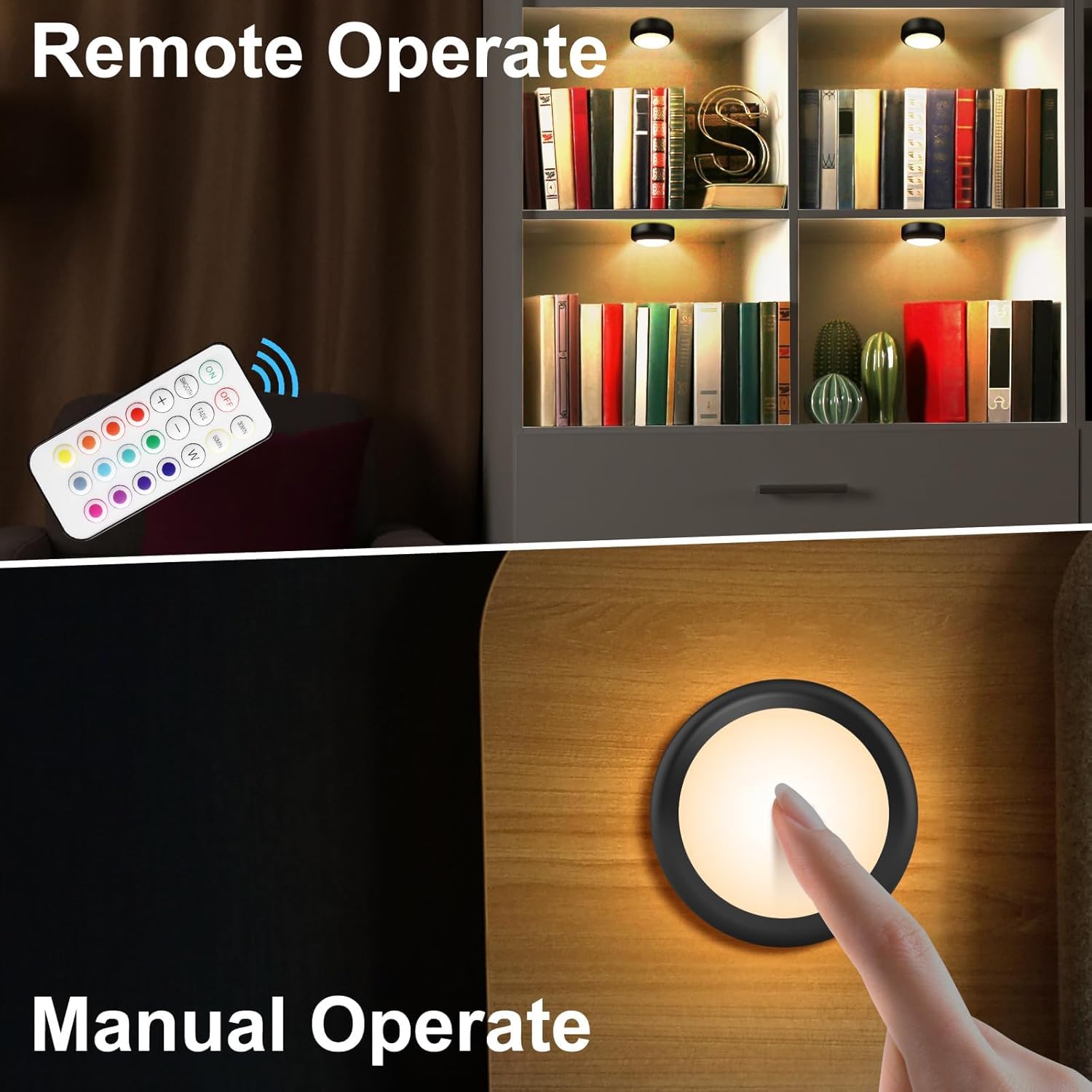 BLS LED Puck Lights with Remote Control, Wireless Under Cabinet & Closet Lighting, RGB 13 Color Changing Lights with Dimmer, Timer & AA Battery Operated, Push, Touch, Stick on for Night, Black, 6 Pack