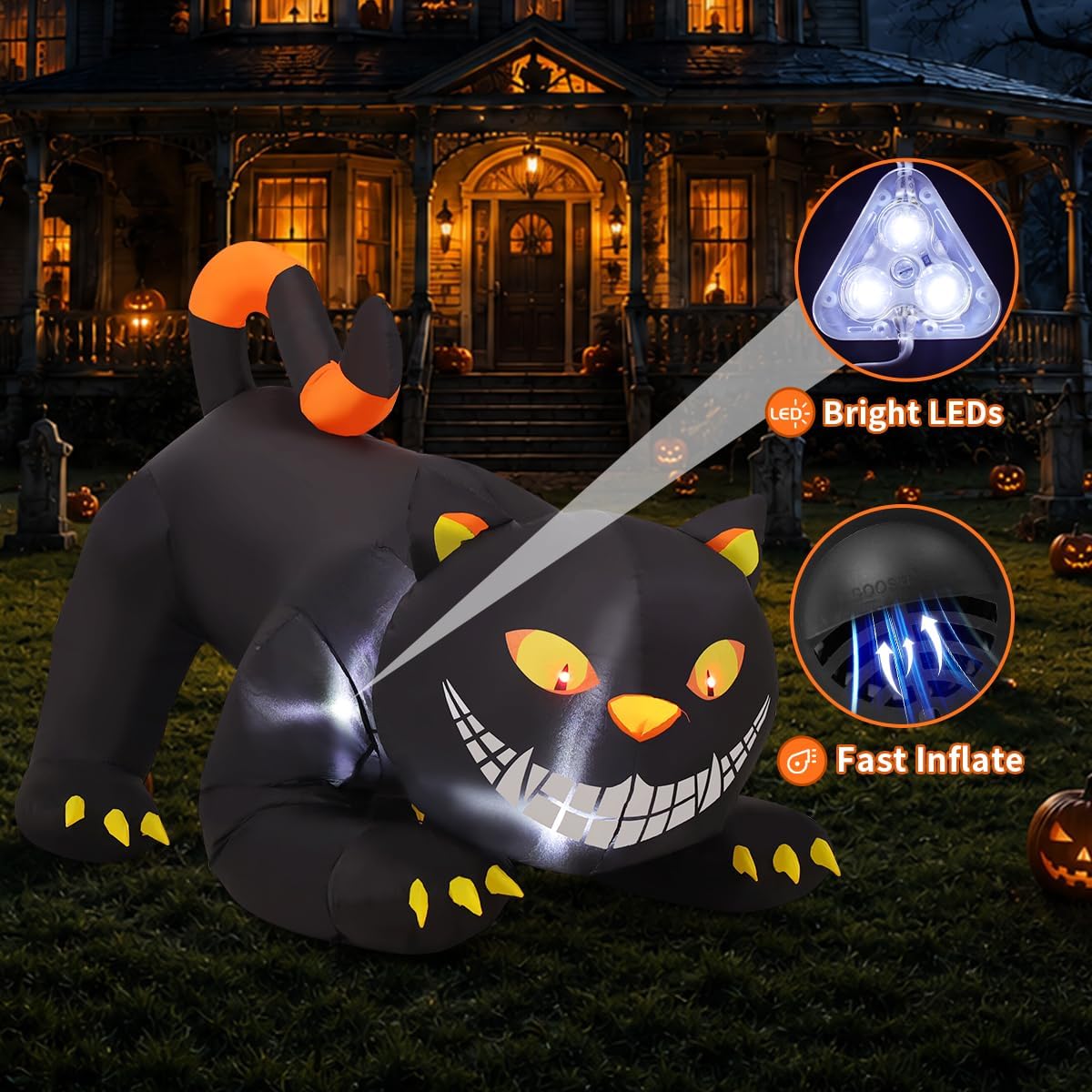 GOOSH 6 FT Halloween Inflatables Outdoor Black Cat with Shakable Head, Blow Up Yard Decoration with LED Lights Built-in for Holiday/Party/Yard/Garden