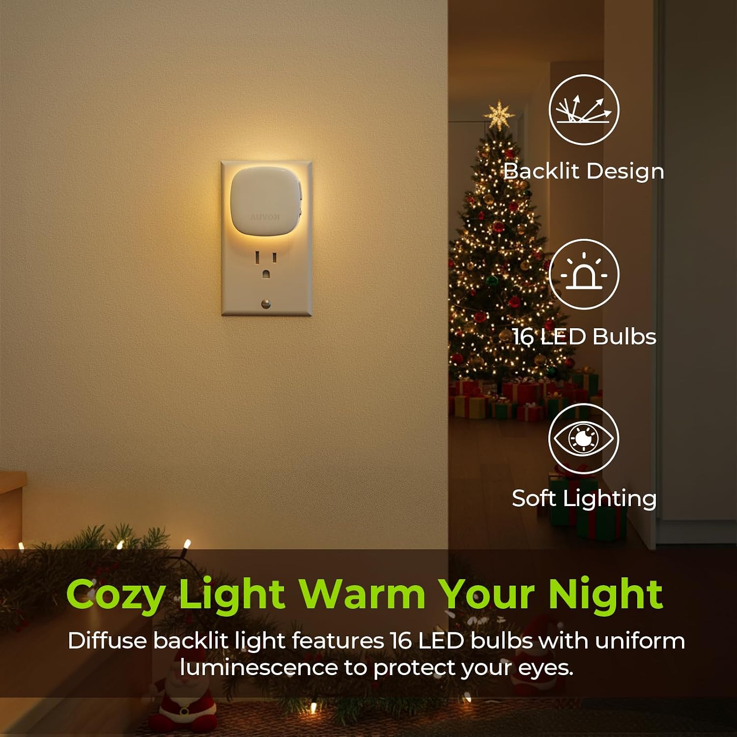 AUVON Plug-in LED Backlit Night Light, Motion & Dusk to Dawn Sensor, 2-Pack