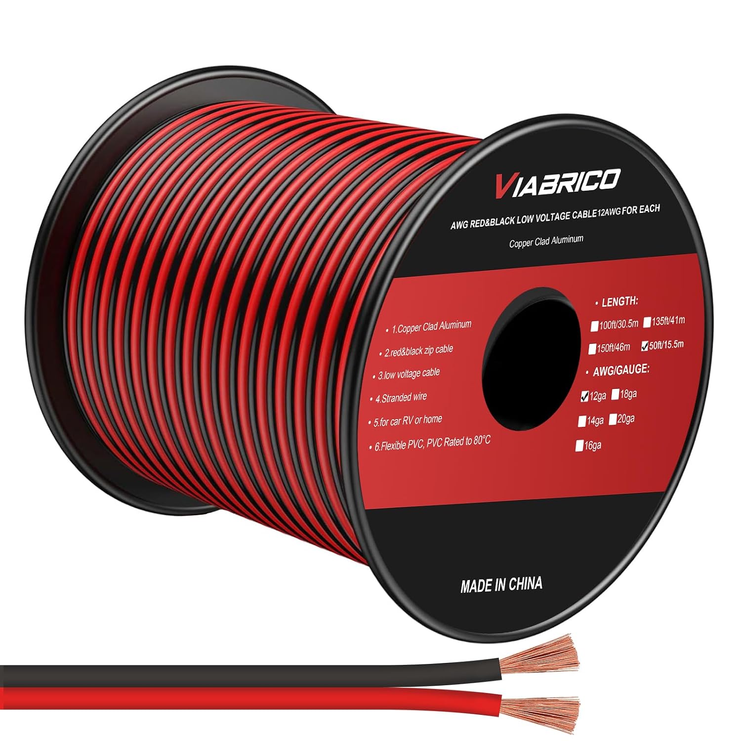 VIABRICO 12Gauge 50FT Electrical Wire Cable 2 Conductors Red Black Hookup LED Lighting Strips Flexible Extension Cord 12AWG Copper Clad Aluminum 12V/24V DC