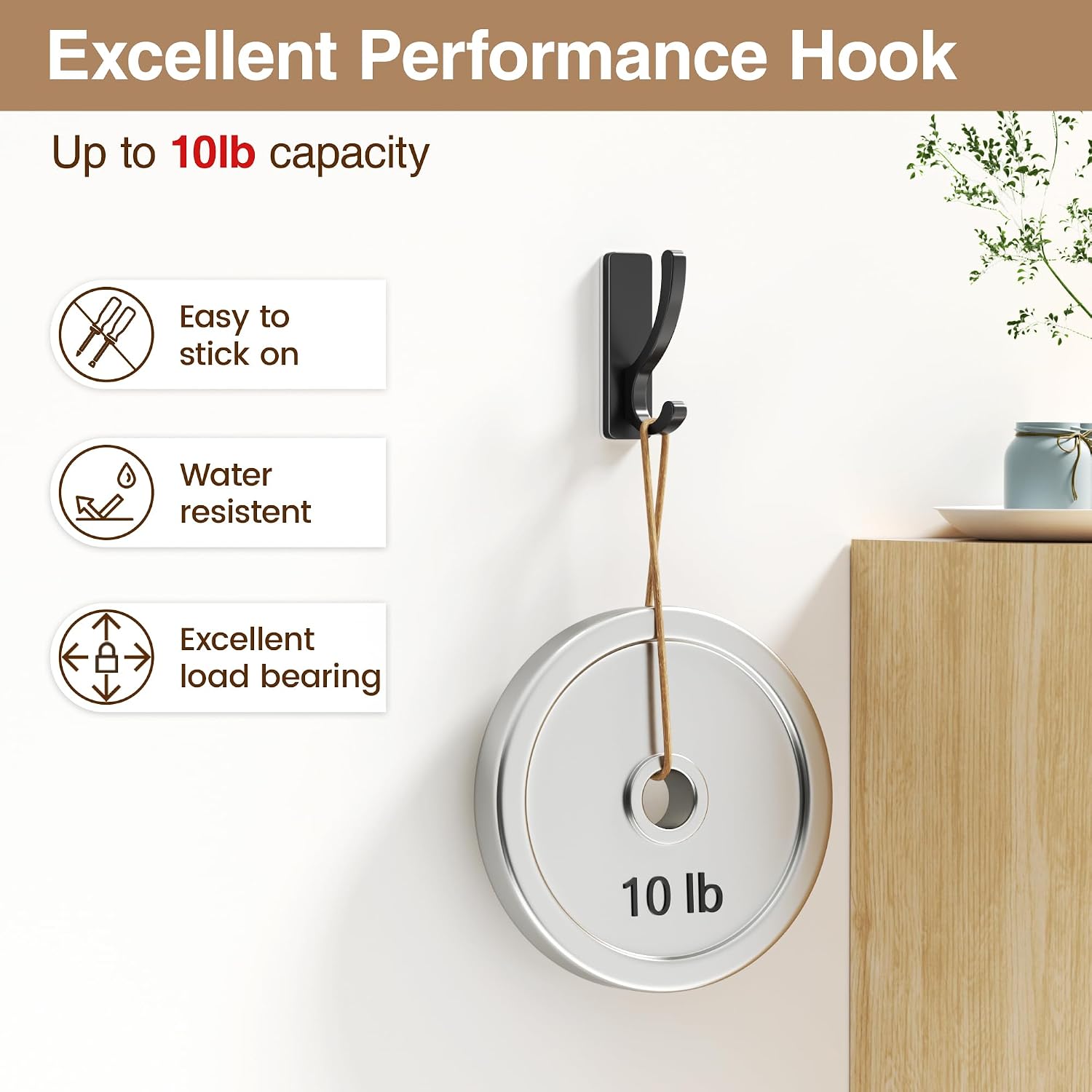 pickpiff Adhesive Wall Hooks for Coat/Towel, Hold 13LB, Black 4 Pack